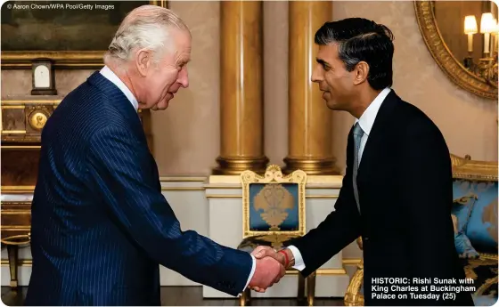  ?? ?? © Aaron Chown/WPA Pool/Getty Images
HISTORIC: Rishi Sunak with King Charles at Buckingham Palace on Tuesday (25)