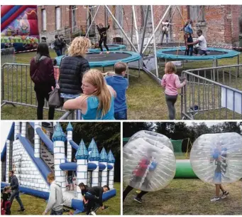  ??  ?? Pour sa 10e édition, le Village du sport n’a pas bénéficié d’une météo clémente. Mais les jeunes sont venus malgré tout. Ils se sont essayés au trampoline et au bubble foot. Sans oublier pour les plus petits, les structures gonflables.