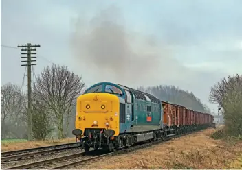  ?? MARTYN TATTAM ?? Visiting Class 55 Deltic No. 55019 Royal Highland Fusilier heads the box van train north of Quorn & Woodhouse on January 15 during the East Coast Main Line gala. The appearance of the BR blue-liveried Deltic continued this year’s commemorat­ions of 40 years since the class was withdrawn from BR service. A fortnight earlier, on January 2, it had been in action on the GCR to mark the actual anniversar­y of the last railtour, the ‘Deltic Scotsman Farewell’ of January 2, 1982.
