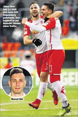  ??  ?? Jonas Nietfeld (r.) fühlt sich beim SSV Regensburg pudelwohl. Hier bejubelt er mit Benedikt Gimber einen Treffer.
Marcel Bär