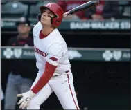  ?? (NWA Democrat-Gazette/Andy Shupe) ?? Robert Moore hit .283 with 53 RBI and 59 runs while banging out a team-leading 16 of the Razorbacks’ school-record 109 home runs.