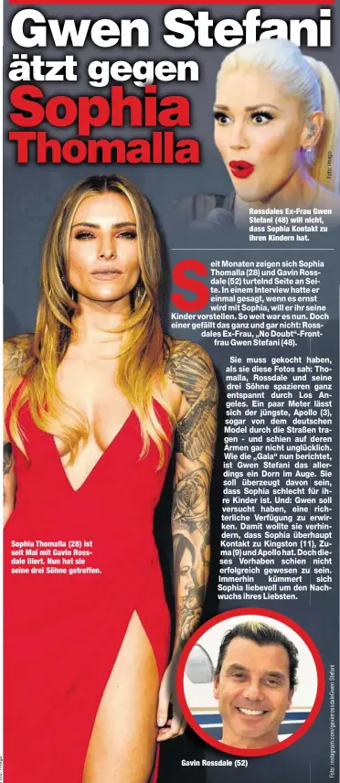  ??  ?? Sophia Thomalla (28) ist seit Mai mit Gavin Rossdale liiert. Nun hat sie seine drei Söhne getroffen.
Gavin Rossdale (52) Rossdales Ex-Frau Gwen Stefani (48) will nicht, dass Sophia Kontakt zu ihren Kindern hat.