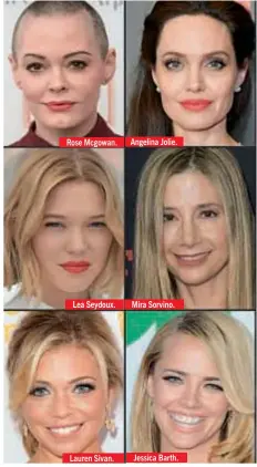  ??  ?? Rose Mcgowan. Lea Seydoux. Lauren Sivan. Angelina Jolie. Mira Sorvino. Jessica Barth.