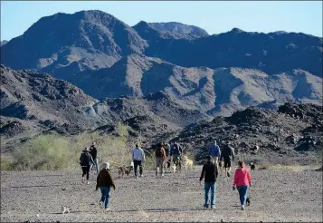  ?? Buy these photos at YumaSun.com PHOTOS BY RANDY HOEFT/YUMA SUN ?? RVERS CAMPED NEAR AMERICAN GIRL MINE ROAD head for the hills with their dogs on a morning walk.