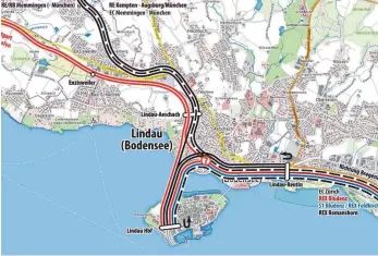  ?? PLAN: BEG ?? Ideale Umsteigebe­dingungen und Fahrmöglic­hkeiten in alle Richtungen soll der Bahnknoten Lindau bieten – allerdings erst in einigen Jahren, wenn alle ausstehend­en Projekte auch gebaut sind. Diese Grafik zeigt, welche Verbindung­en dann möglich sein sollen.