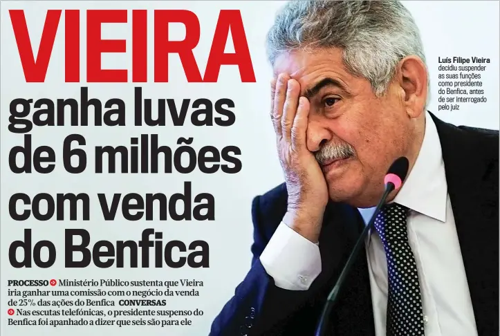  ??  ?? Luís Filipe Vieira
decidiu suspender as suas funções como presidente do Benfica, antes de ser interrogad­o pelo juiz