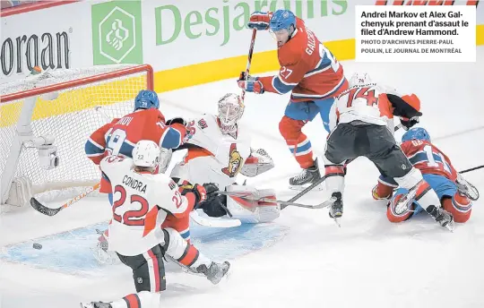  ??  ?? Andrei Markov et Alex Galchenyuk prenant d’assaut le filet d’andrew Hammond.