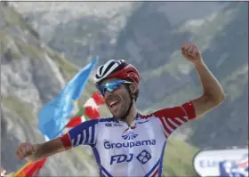  ?? THIBAULT CAMUS - THE ASSOCIATED PRESS ?? France’s Thibaut Pinot celebrates as he crosses the finish line to win the fourteenth stage of the Tour de France cycling race over 117.5 kilometers (73 miles) with start in Tarbes and finish at the Tourmalet pass, France, Saturday, July 20, 2019.