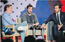  ??  ?? Jake Gyllenhaal, right, touches Jeff Bauman's prosthetic leg after being asked if a bromance was blossoming between them. Bauman’s reply? “I couldn't even feel it.”