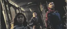  ?? MARVEL STUDIOS VIA AP ?? This image released by Marvel Studios shows (from left) Xochitl Gomez as America Chavez, Benedict Wong as Wong, and Benedict Cumberbatc­h as Dr. Stephen Strange in a scene from “Doctor Strange in the Multiverse of Madness.”