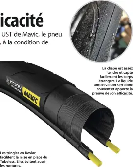  ??  ?? Les tringles en Kevlar facilitent la mise en place du Tubeless. Elles évitent aussi les ruptures. La chape est assez tendre et capte facilement les corps étrangers. Le liquide anticrevai­son sert donc souvent et apporte la preuve de son efficacité.