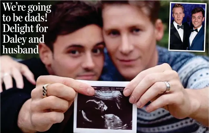  ??  ?? Thrilled: Tom Daley, left, and Dustin Lance Black with the ultrasound scan yesterday. Inset: At an event in May last year, the month in which they married