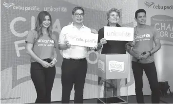  ??  ?? Present during the Change for Good launch are (L-R) UNICEF Celebrity Advocate for Children Anne Curtis, Cebu Pacific president and chief executive Lance Gokongwei, UNICEF representa­tive Lotta Sylwander, and UNICEF National Ambassador Gary Valenciano.
