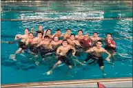  ?? Bill Bloxsom / Hearst Connecticu­t Media ?? Greenwich celebrates in the pool after winning the State Open boys title on Saturday.