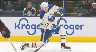  ?? RUSSELL LABOUNTY/USA TODAY SPORTS ?? Big Buffalo Sabres centre Tage Thompson fires his fourth goal of the game Wednesday against the Blue Jackets. He ended the game with five.