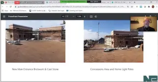  ?? SCREENSHOT OF ONLINE MEETING ?? Project constructi­on manager Bill Slawter, inset, shows photos of brickwork being added to the facades of athletic and ameneties buildings under constructi­on at North Penn High School’s Crawford Stadium to the school board facilities and operations committee on Monday.
