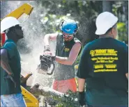  ?? AP/Orlando Sentinel/JOE BURBANK ?? Workers from Winter Springs, Fla., remove a tree that was rendered unstable by Hurricane Irma in the Dommerich Estates neighborho­od in Maitand, Fla.