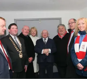  ??  ?? President Michael D Higgins, his wife Sabina, Deputy Tony McLoughlin, Cathoirlea­ch of Sligo County Council Cllr Martin Baker and Cllr Marie Casserly with Rovers committee members, Brendan Lacken (Secretary), Andy Dodd (Vice Chairman) and Chairman of Rovers’ Heritage Committee Aidan Mannion.