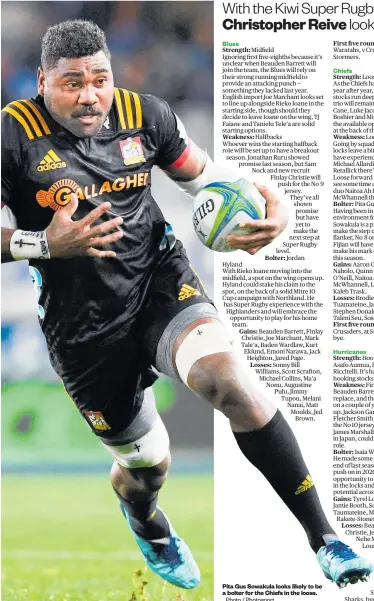  ?? Photo / Photosport ?? Pita Gus Sowakula looks likely to be a bolter for the Chiefs in the loose.