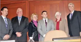  ?? SUBMITTED PHOTO ?? Plymouth Township Council Vice Chair Christophe­r Manero, Council Chair Marty Higgins, Lenore Bruno, Karen Bramblett and David Gannon congratula­te Benjamin Brunner, the newest Plymouth Township police officer.