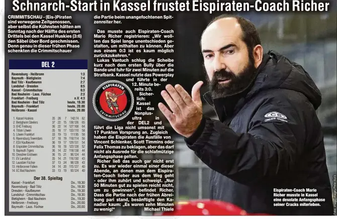  ??  ?? Eispiraten-Coach Mario Richer musste in Kassel eine desolate Anfangspha­se seiner Cracks miterleben.