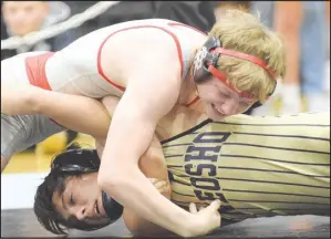  ?? RICK PECK/SPECIAL TO MCDONALD COUNTY PRESS ?? McDonald County’s Levi Smith scores an early take-down against Neosho’s Hayden Crane before getting pinned later in the first period in the 132-pound championsh­ip match at the Missouri Class 3 Sectional 3 Wrestling Championsh­ips held Feb. 27 at Willard High School.