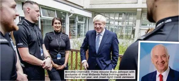  ??  ?? MAKING CHANGES: Prime minister Boris Johnson with graduates of West Midlands Police training centre in Birmingham last year; and (inset right) David Jamieson