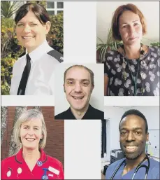  ??  ?? PANEL Clockwise from top left: Superinten­dent Clare Jenkins, Hampshire Constabula­ry; Helen Atkinson, Director of Public Health, Portsmouth; Centre: Cllr Matthew Winnington, Cabinet Member for Health, Wellbeing and Social Care; Dr Abu Mohammed, GP; Angela Anderson, Clinical Director for COVID-19 Vaccinatio­n Programme at Solent NHS Trus. Left, the editor of The News, Mark Waldron