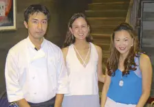  ??  ?? Wagyu Japanese Beef chef Go- Okura with owners Clariza Chia Siy and Dr. Cathy Chia- Chua.