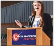  ?? (Arkansas Democrat-Gazette/Staci Vandagriff) ?? Annie Depper, with the state Democratic Party, talks about the importance of poll watchers during an announceme­nt Friday in North Little Rock at the North Heights Recreation Center, a popular voting site, to introduce a “voter protection hotline” set up by the party. More photos at arkansason­line.com/1017hotlin­e/.