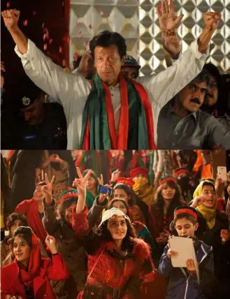  ??  ?? Top: Imran speaks to supporters of his Tehreek-e-Insaf (Movement for Justice) party at Lahore in 2013. Above: Anti-government protesters in 2014. That year, Imran demanded the Pakistani PM resign. Last July, his party achieved an extraordin­ary victory.
