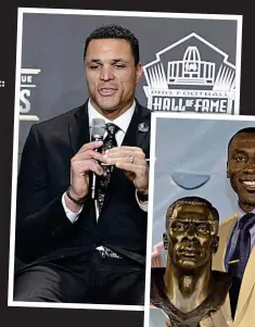  ??  ?? LOOKING SHARPE: Shannon Sharpe poses with a bust of his likeness as he was enshrined in the Football Hall of Fame in 2011.CALL TO THE HALL: Tony Gonzalez speaks during the announceme­nt that he will be a member of the Football Hall of Fame class of 2019.