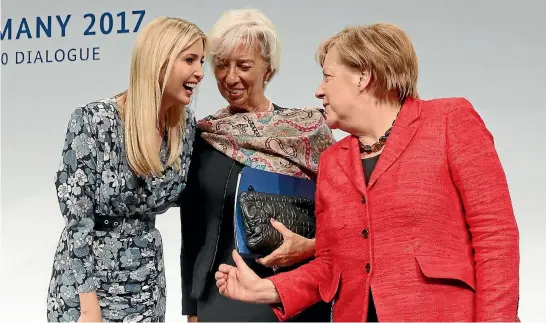  ?? PHOTO: GETTY IMAGES ?? Ivanka Trump, daughter of US President Donald Trump, Internatio­nal Monetary Fund Managing Director Christine Lagarde and German Chancellor Angela Merkel talk on stage at the W20 conference in Berlin.