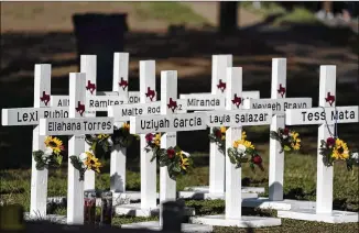  ?? JAE C. HONG/ASSOCIATED PRESS ?? Crosses with the names of the May 24 victims are placed Thursday outside Robb Elementary School in Uvalde, Texas, where an 18-year-old murdered 19 children and two teachers.