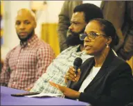  ?? Matthew Brown / Hearst Connecticu­t Media ?? Valerie Jaddo, mother of Steven Barrier, comments after reading a prepared statement during a press conference at Bethel AME Church in Stamford on Oct. 30 regarding the video footage involving an incident with her son and the Stamford Police Department.