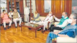  ?? PTI ?? Lok Sabha Speaker Om Birla meeting leaders of all the parties, including Congress president Sonia Gandhi, in New Delhi on Wednesday. PM Narendra Modi also attended the meeting.