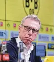  ?? FOTO: IMAGO ?? Peter Stöger bei seiner Vorstellun­g als Dortmunder Trainer.