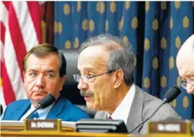  ?? THE ASSOCIATED PRESS ?? The House Foreign Affairs Committee’s ranking member, Rep. Eliot Engel, D-N.Y., speaks Wednesday during a hearing on Iran on Capitol Hill. Listening at left is Rep. Ed Royce, R-Calif., the committee chairman.