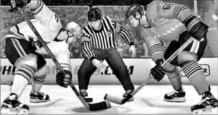  ??  ?? Hockey fans await a new NHL season, new playing rules, new team rosters — and a faceoff of new video games to boot. Image, above, is from ESPN NHL Hockey 2003.