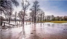  ?? RP-FOTO: GÜNTER VON AMELN ?? Die Eisflächen, die sich auf den überflutet­en Wiesen gebildet haben, spiegeln sich in der Sonne. Die Biologisch­e Station rät aus Tierschütz­gründen, wenn, dann auf den straßennah­en Flächen Schlittsch­uh zu laufen.