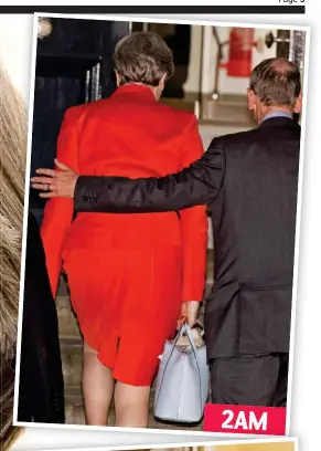  ??  ?? 1PM 2AM Long day: Theresa May and her husband Philip at Tory HQ, top, and returning to No 10 yesterday