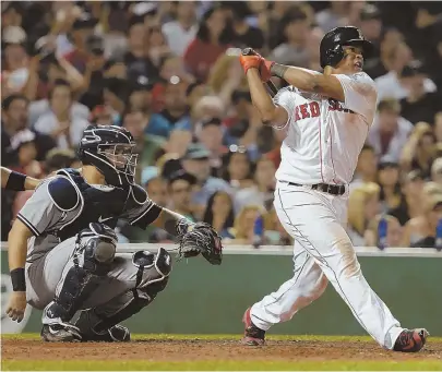  ?? STAFF PHOTOS BY JOHN WILCOX ?? QUITE THE SHOW: Though the Red Sox lost, Rafael Devers once again looked far beyond a 20-year-old, slamming his eighth homer in just 20 MLB games and scoring from second on a fifth-inning single with a deft slide.