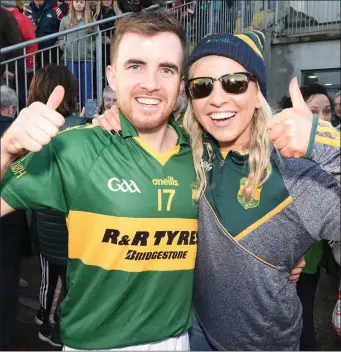  ??  ?? Cloughduv player Kevin Barry Murphy congratula­ted by sister Aoife after win in the the Munster JAHC Final in Mallow. Photos: John Tarrant