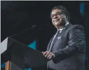  ?? Canadian Press photo ?? Calgary Mayor Naheed Nenshi speaks after receiving an award from Prime Minister Justin Trudeau during the Public Policy Testimonia­l Dinner in Toronto in April.