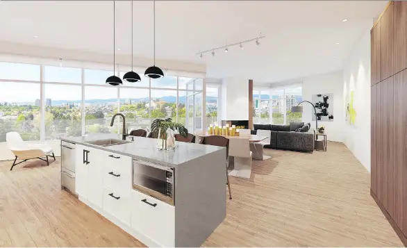  ??  ?? An artist’s rendering of a penthouse at Bellewood Park illustrate­s the views that will be on offer. An understate­d, neutral palette focuses on natural materials “that echo the outdoor elements.”