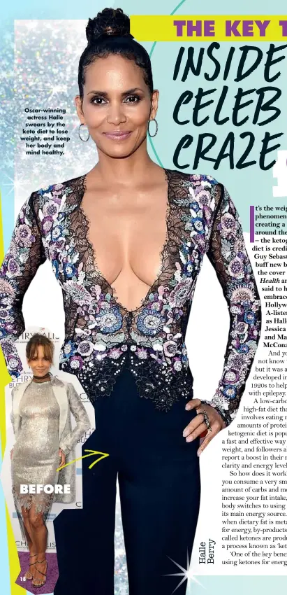  ??  ?? BEFORE Oscar-winning actress Halle swears by the keto diet to lose weight, and keep her body and mind healthy.