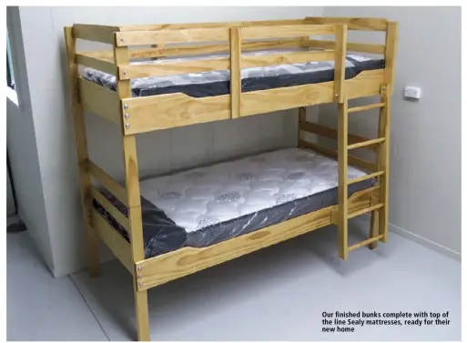  ??  ?? Our finished bunks complete with top of the line Sealy mattresses, ready for their new home