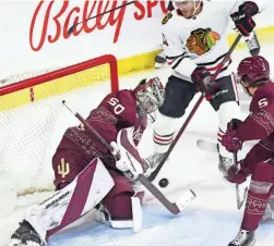  ?? PATRICK BREEN/THE REPUBLIC ?? Coyotes goalie Ivan Prosvetov makes a save against the Blackhawks during a game at the Mullett Arena.