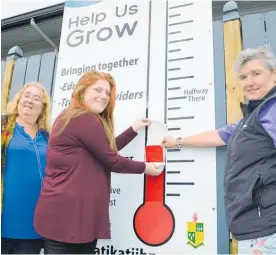  ??  ?? Year 13 student Sophie Griffiths raises the red line to $110,000 on the thermomete­r guided by Zoe Skayman from 1st Signs, with Hilary Johnson outside the Talisman Hotel.