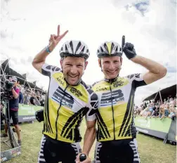  ?? NICK MUZIK/CAPE EPIC/SPORTZPICS ?? FINALLY, NUMBER FIVE: Karl Platt, left, celebrates winning his fifth Cape Epic yesterday, while for teammate Urs Huber, right, it was a first title.